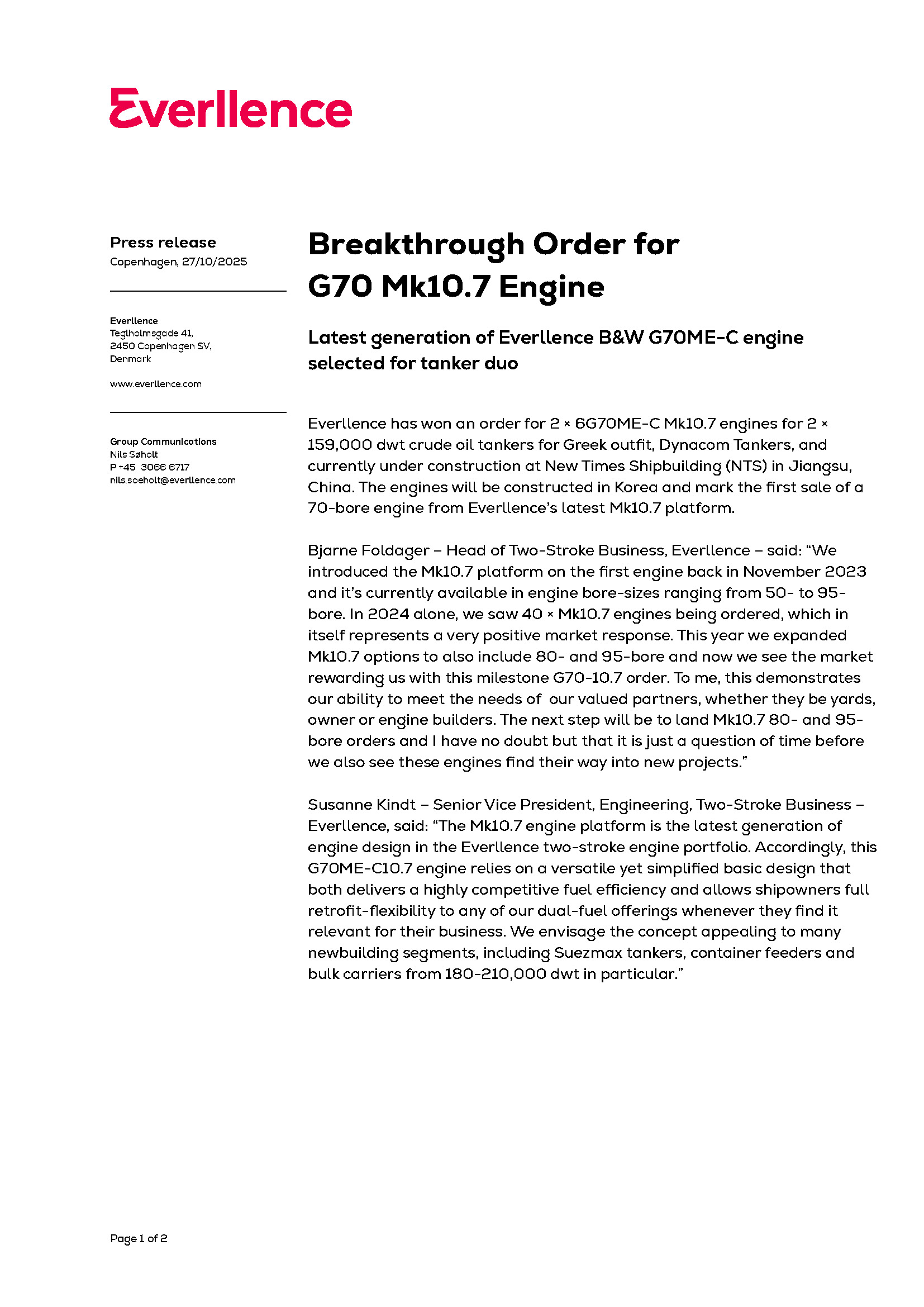 Breakthrough Order for G70 Mk10.7 Engine